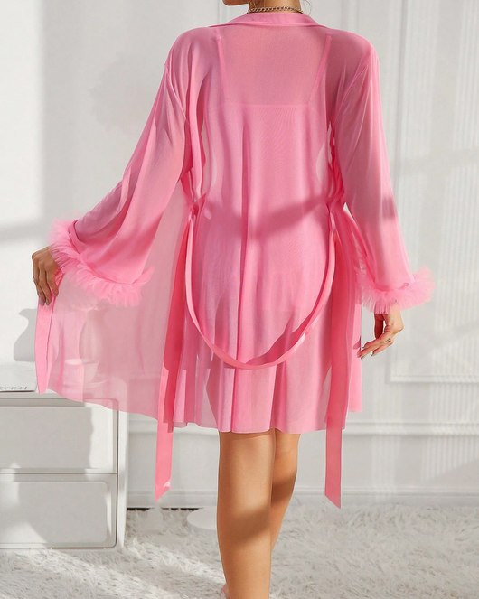 Lace Cami Nightgown & Floral Lace Trim Wide Sleeve Sheer Robe