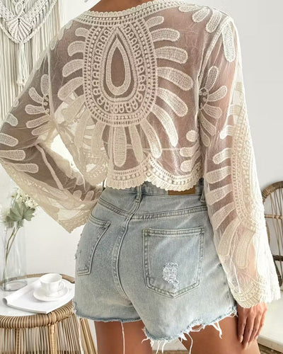 Women’s Floral Embroidery Sheer Beach Cover-Up