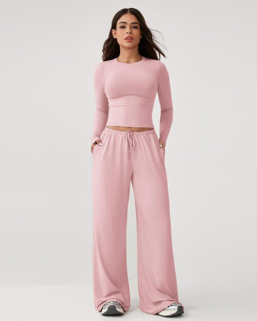 Women’s 2-Piece Activewear Set: Long-Sleeve Crop Top & Wide-Leg Pants | Stretchy Yoga/Workout/Running Clothes
