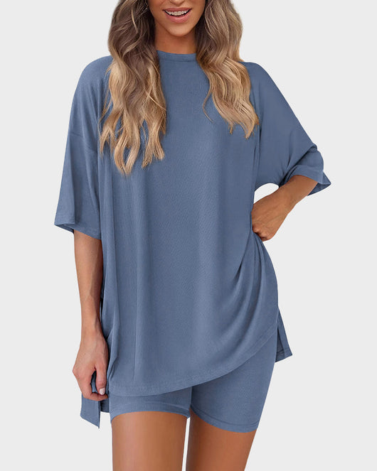 Casual 2-Piece Loungewear Set Oversized Split Hem Top & Fitted Shorts