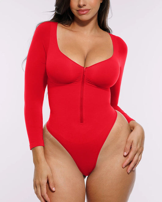 Long Sleeve Zipper Front Thong Bodysuit