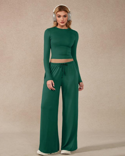 Women’s 2-Piece Activewear Set: Long-Sleeve Crop Top & Wide-Leg Pants | Stretchy Yoga/Workout/Running Clothes