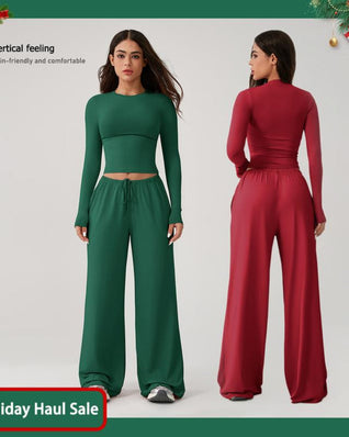 Women’s 2-Piece Activewear Set: Long-Sleeve Crop Top & Wide-Leg Pants | Stretchy Yoga/Workout/Running Clothes