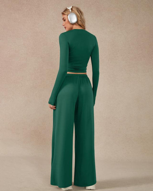 Women’s 2-Piece Activewear Set: Long-Sleeve Crop Top & Wide-Leg Pants | Stretchy Yoga/Workout/Running Clothes