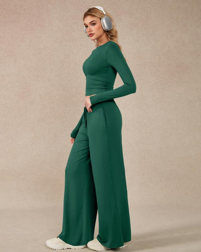 Women’s 2-Piece Activewear Set: Long-Sleeve Crop Top & Wide-Leg Pants | Stretchy Yoga/Workout/Running Clothes