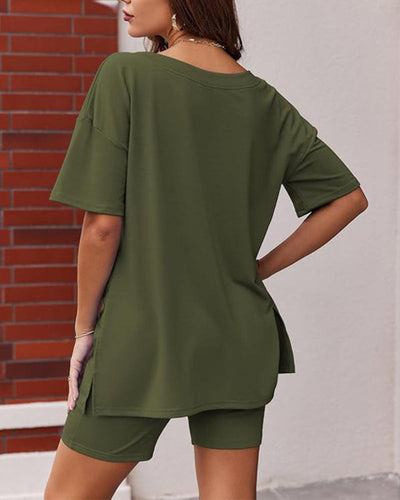 Casual 2-Piece Loungewear Set Oversized Split Hem Top & Fitted Shorts