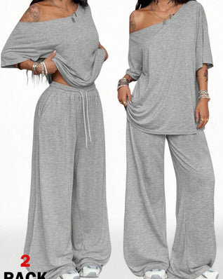 Women's Off-Shoulder Tee Wide-Leg Pants 2P Set