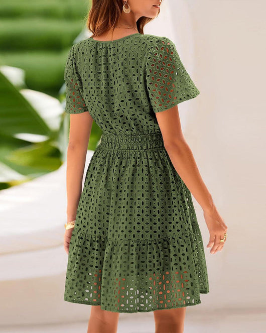 Women V Neck Lace A Line Summer Dress