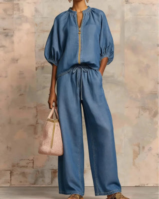 Women’s Lounge Set, Zip Top & Wide Leg Pants 2-Piece Casual Outfit