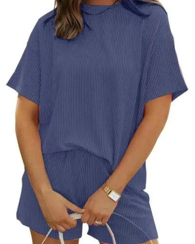 Women’s Ribbed Lounge Set Short Sleeve Top & High-Waist Shorts Pajamas