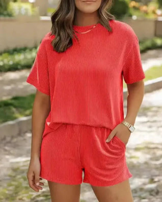 Women’s Ribbed Lounge Set Short Sleeve Top & High-Waist Shorts Pajamas