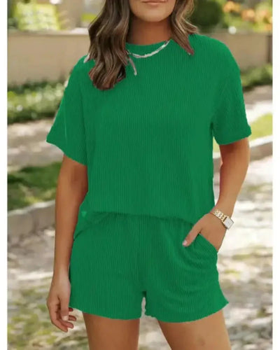 Women’s Ribbed Lounge Set Short Sleeve Top & High-Waist Shorts Pajamas