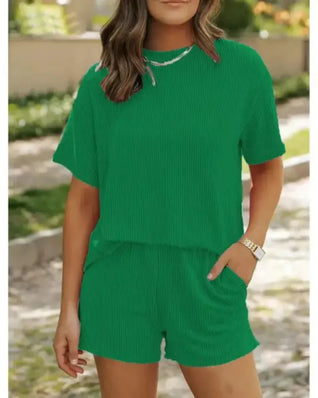 Women’s Ribbed Lounge Set Short Sleeve Top & High-Waist Shorts Pajamas