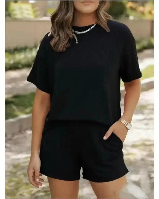 Women’s Ribbed Lounge Set Short Sleeve Top & High-Waist Shorts Pajamas