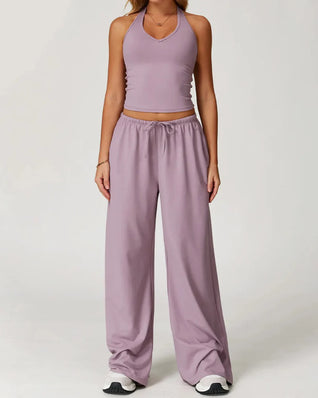 Women’s 2-Piece Lounge Set, V-Neck Top & Wide Leg Pants