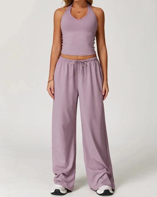 Women’s 2-Piece Lounge Set, V-Neck Top & Wide Leg Pants