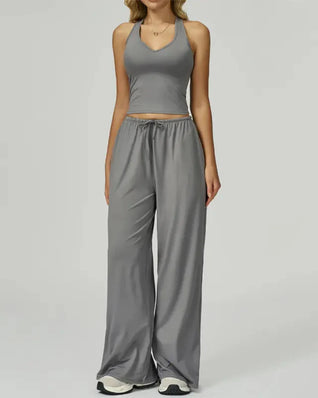 Women’s 2-Piece Lounge Set, V-Neck Top & Wide Leg Pants