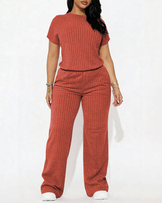 Women’s Ribbed Set – Top & Wide-Leg Pants, Casual Wear