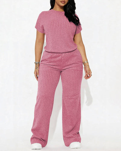 Women’s Ribbed Set – Top & Wide-Leg Pants, Casual Wear