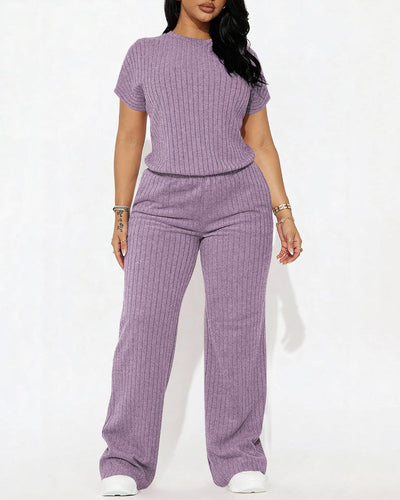 Women’s Ribbed Set – Top & Wide-Leg Pants, Casual Wear