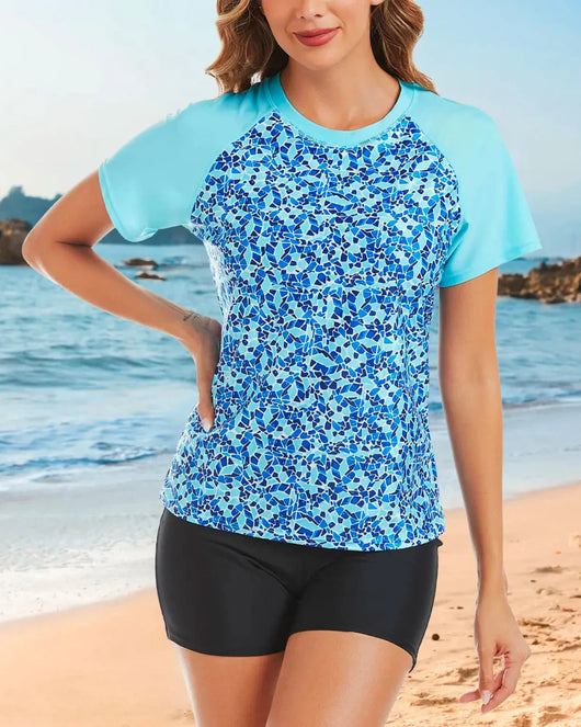 Women’s 2-Piece Rash Guard Set, Short Sleeve UPF50+ Swimwear, Built-in Bra