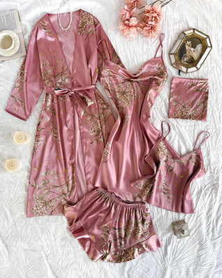 Women’s Satin Floral Pajama Set – Robe, Cami, Shorts, Soft Sleepwear Set