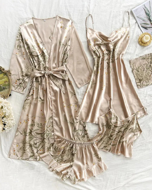 Women’s Satin Floral Pajama Set – Robe, Cami, Shorts, Soft Sleepwear Set