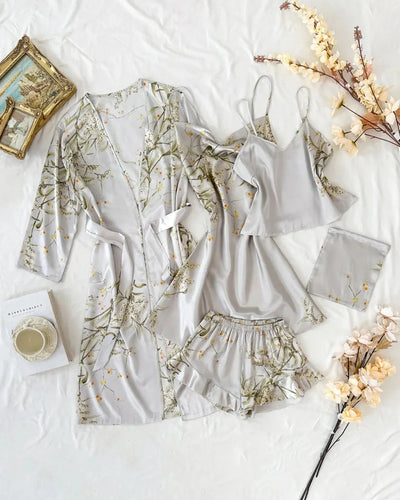 Women’s Satin Floral Pajama Set – Robe, Cami, Shorts, Soft Sleepwear Set