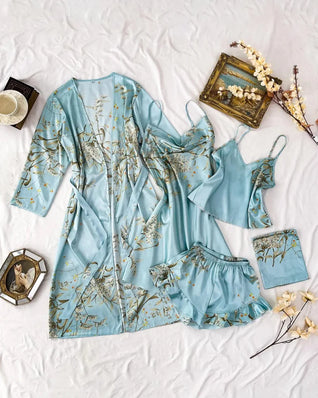 Women’s Satin Floral Pajama Set – Robe, Cami, Shorts, Soft Sleepwear Set