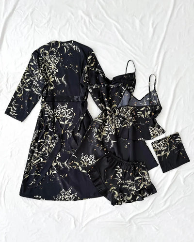 Women’s Satin Floral Pajama Set – Robe, Cami, Shorts, Soft Sleepwear Set