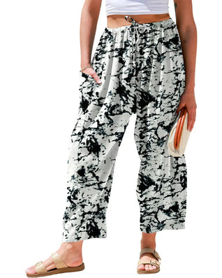 Linen Wide Leg Pants – Loose Fit, Printed, Pockets