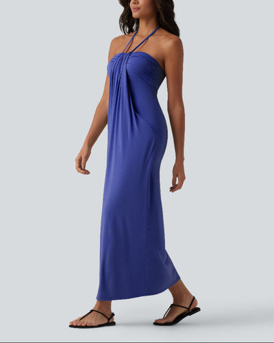 Halter Neck Maxi Dress with Adjustable Tie Back and Side Pockets