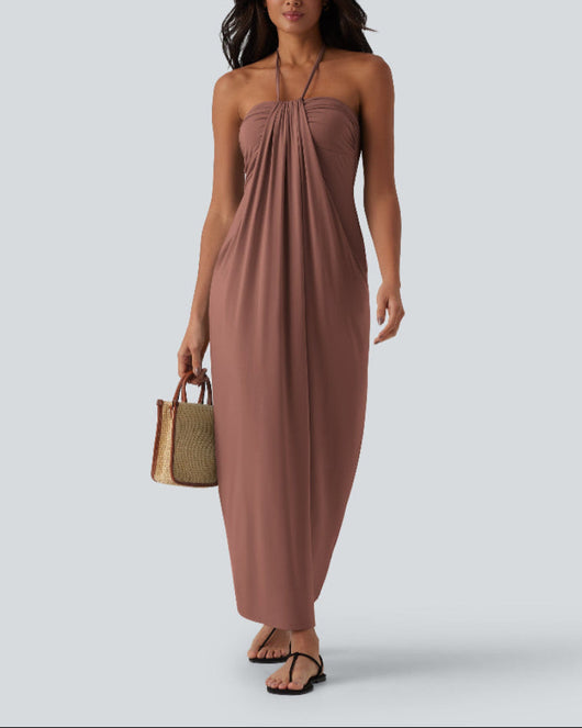 Halter Neck Maxi Dress with Adjustable Tie Back and Side Pockets