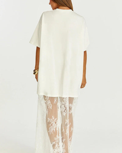 Women's Oversized T-Shirt Maxi Dress with Lace Hem and Drop Shoulders