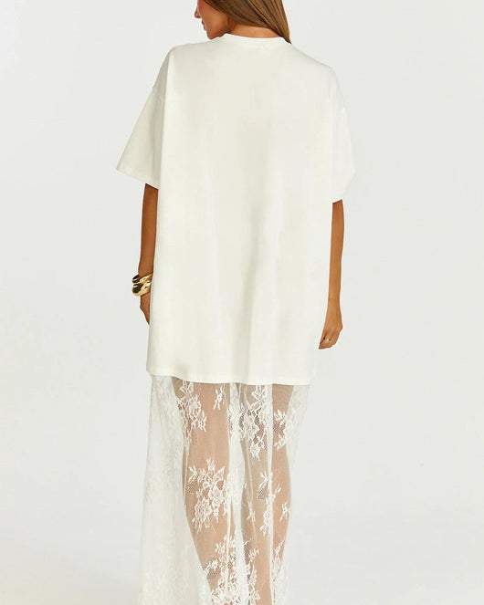 Women's Oversized T-Shirt Maxi Dress with Lace Hem and Drop Shoulders