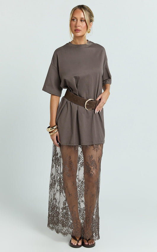 Women's Oversized T-Shirt Maxi Dress with Lace Hem and Drop Shoulders