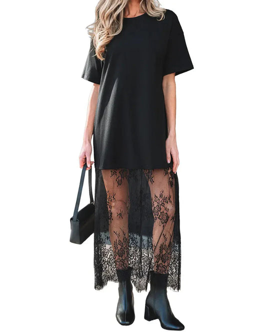 Women's Oversized T-Shirt Maxi Dress with Lace Hem and Drop Shoulders