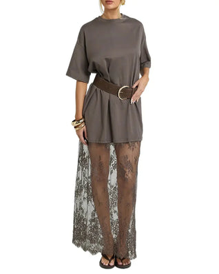 Women's Oversized T-Shirt Maxi Dress with Lace Hem and Drop Shoulders