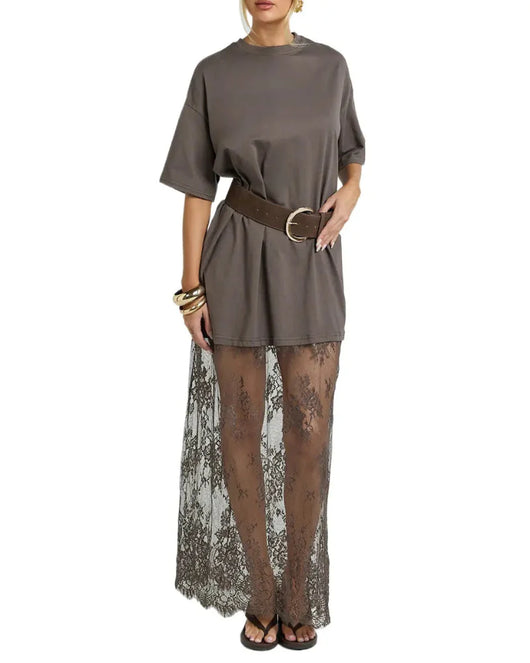 Women's Oversized T-Shirt Maxi Dress with Lace Hem and Drop Shoulders