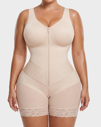 Front-zip body shaper with tummy control and smoothing fit.