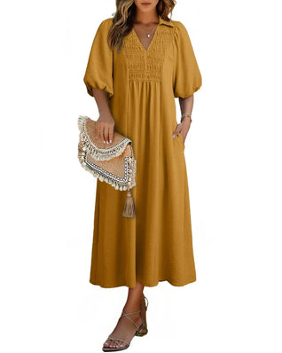 Women’s V-Neck Puff Sleeve Empire Waist A-Line Maxi Dress