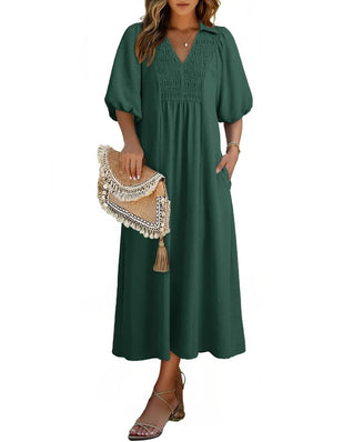 Women’s V-Neck Puff Sleeve Empire Waist A-Line Maxi Dress