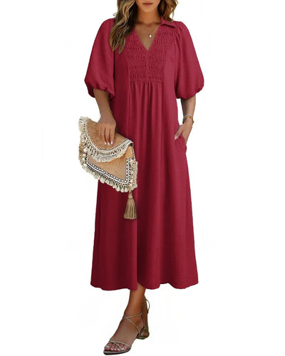 Women’s V-Neck Puff Sleeve Empire Waist A-Line Maxi Dress