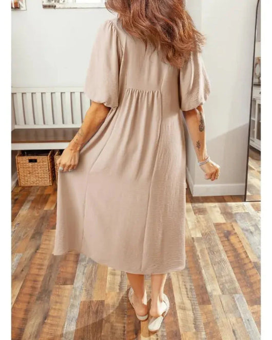 Women’s V-Neck Puff Sleeve Empire Waist A-Line Maxi Dress