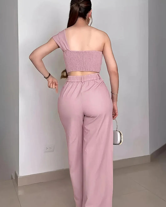 Off-Shoulder Floral Set — Crop Top & Wide-Leg Pants