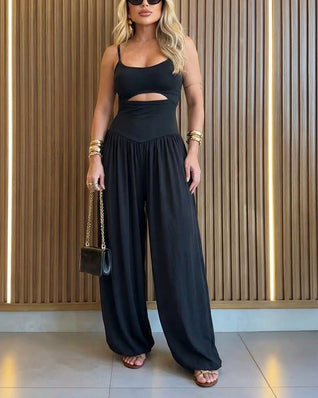 Cut-Out Cami Jumpsuit — Backless Ruched Romper with Pockets