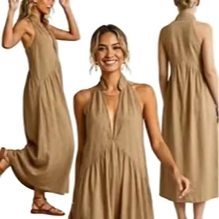 Halter Maxi Dress — Casual Loose Fit with Pockets