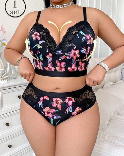 Wireless Plus Size Floral Lingerie Set, Soft & Cozy Fit