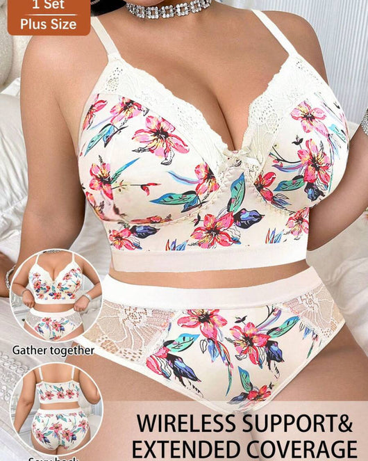 Wireless Plus Size Floral Lingerie Set, Soft & Cozy Fit
