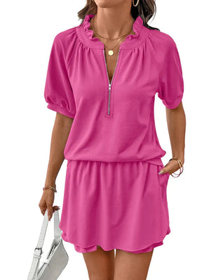 Casual Summer 2-Piece Set, Half-Zip Pullover & Ruffle Mini Skirt